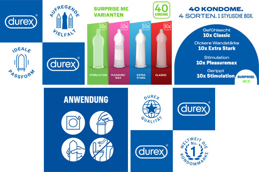 DUREX Pārsteidz mani prezervatīvu maisījums kastītē, 40 gab