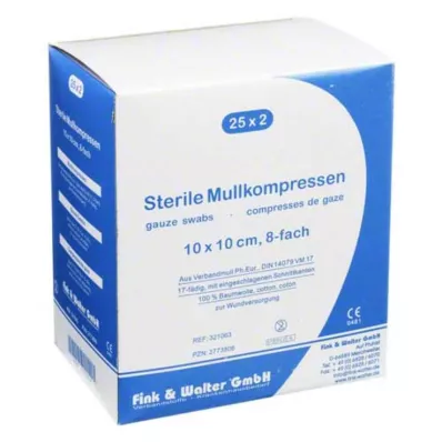 MULLKOMPRESSEN 10x10 cm sterili 8 reizes, 25X2 gab MULLKOMPRESSEN 10x10 cm sterili 8 reizes, 25X2 gab