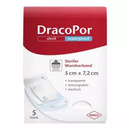 DRACOPOR ūdensnecaurlaidīgs brūču pārsējs 5x7,2 cm sterils, 5 gab