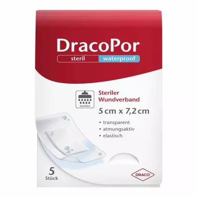 DRACOPOR ūdensnecaurlaidīgs brūču pārsējs 5x7,2 cm sterils, 5 gab
