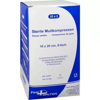 MULLKOMPRESSEN 10x20 cm sterili 8 reizes, 25X2 gab