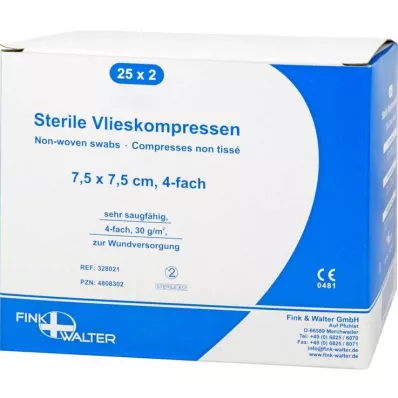 VLIESKOMPRESSEN 7,5x7,5 cm sterils četrvietīgs, 25X2 gab