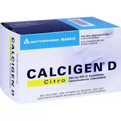 CALCIGEN D Citro 600 mg/400 I.U. košļājamās tabletes, 120 kapsulas