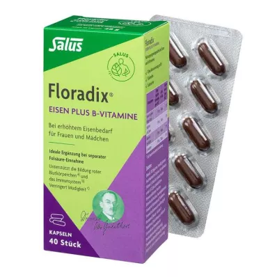 FLORADIX Dzelzs un B grupas vitamīnu kapsulas, 40 gab FLORADIX Dzelzs un B grupas vitamīnu kapsulas, 40 gab