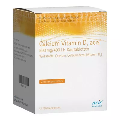 CALCIUM VITAMIN D3 acis 500 mg/400 I.U. košļājamās tabletes, 120 gab CALCIUM VITAMIN D3 acis 500 mg/400 I.U. košļājamās tabletes, 120 gab