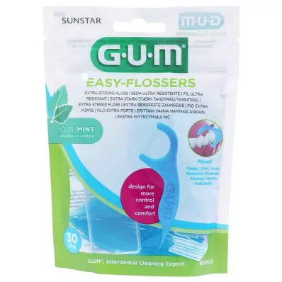 GUM Easy-Flossers vaskoti zobu diegu nūjiņas piparmētra + ceļojumu futrālis, 30 gab