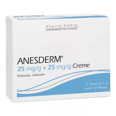ANESDERM 25 mg/g + 25 mg/g krēma + 10 plāksteri, 5X5 g ANESDERM 25 mg/g + 25 mg/g krēma + 10 plāksteri, 5X5 g