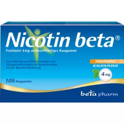 NICOTIN beta Fruitmint 4 mg košļājamā gumija, kas satur aktīvo vielu, 105 gab