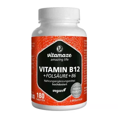 VITAMIN B12 1000 µg augstas devas +B9+B6 vegānu tabletes, 180 gab