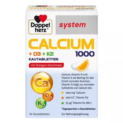 Doppelherz Calcium 1000 + D3 + K2 sistēmas košļājamās tabletes, 60 gab Doppelherz Calcium 1000 + D3 + K2 sistēmas košļājamās tabletes, 60 gab