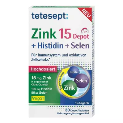 Tetesept Zinc 15 Depot + Histidine + Selēns apvalkotās tabletes, 30 gab Tetesept Zinc 15 Depot + Histidine + Selēns apvalkotās tabletes, 30 gab